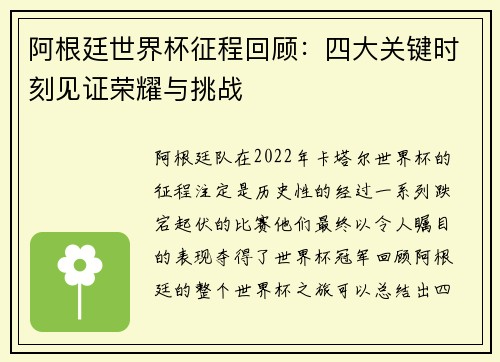 阿根廷世界杯征程回顾：四大关键时刻见证荣耀与挑战